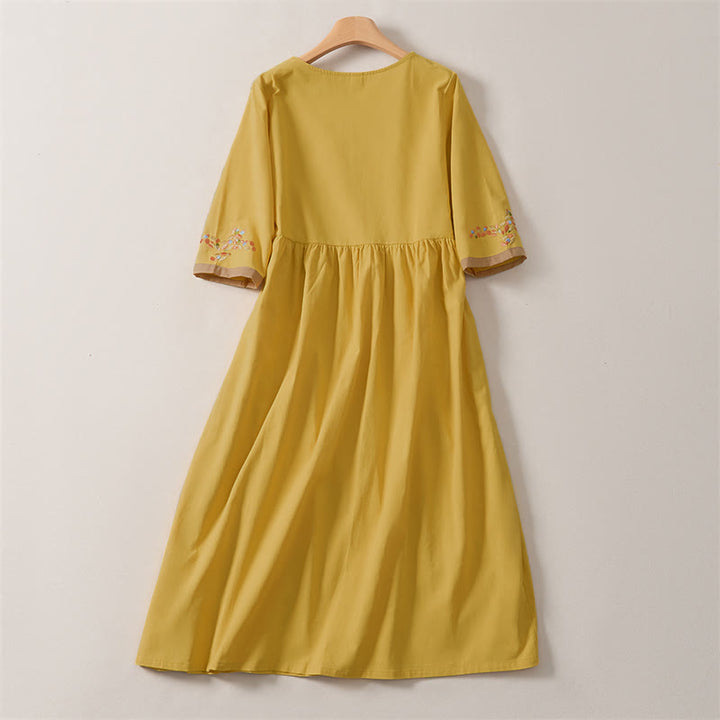 Vestido midi de manga corta para mujer con bordado étnico de Buddha Stones y estampado de primavera. - image 8