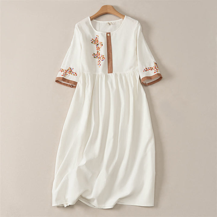 Vestido midi de manga corta para mujer con bordado étnico de Buddha Stones y estampado de primavera. - Blanco - US12, UK/AU16, EU44 (2XL) - image 0