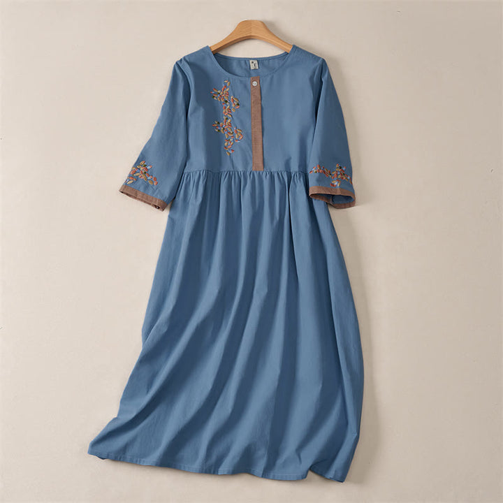 Vestido midi de manga corta para mujer con bordado étnico de Buddha Stones y estampado de primavera. - Azul acero - US12, UK/AU16, EU44 (2XL) - image 21