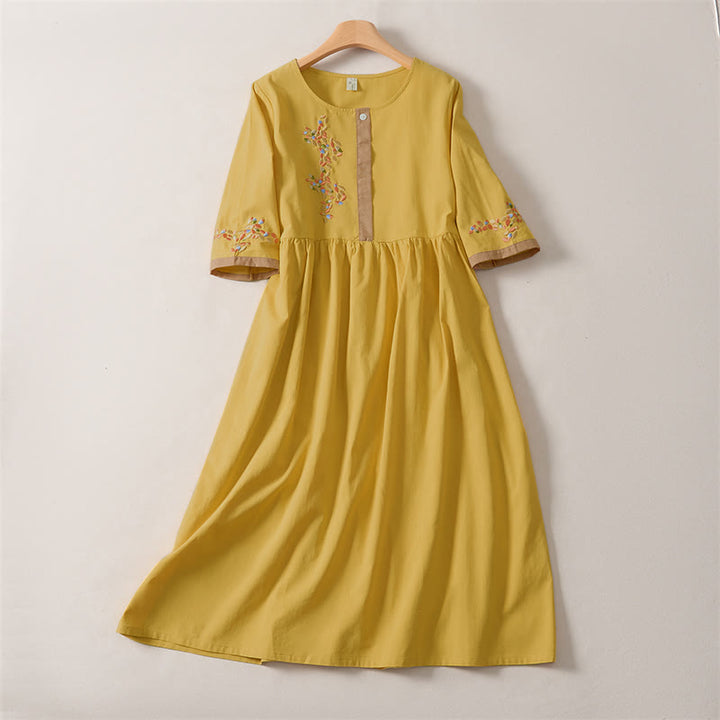 Vestido midi de manga corta para mujer con bordado étnico de Buddha Stones y estampado de primavera. - Oro - US12, UK/AU16, EU44 (2XL) - image 7