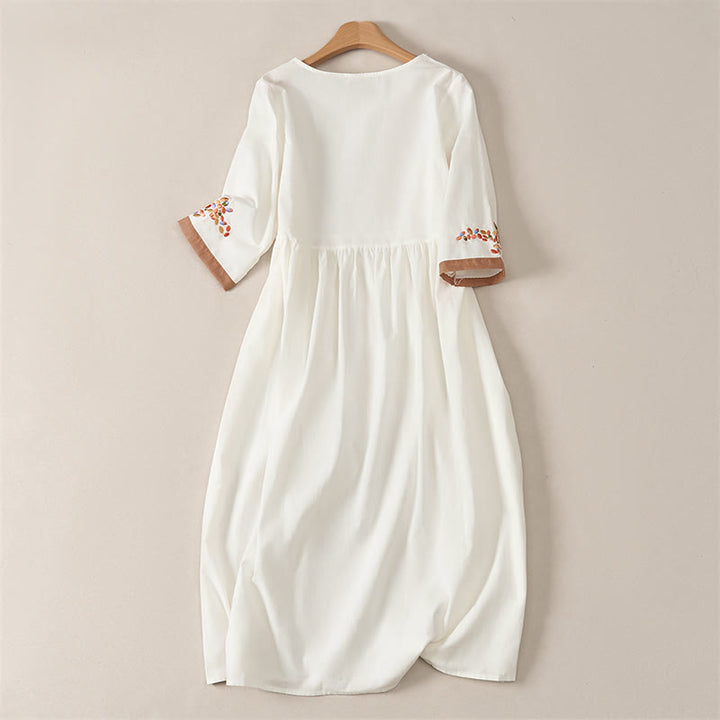 Vestido midi de manga corta para mujer con bordado étnico de Buddha Stones y estampado de primavera. - image 1