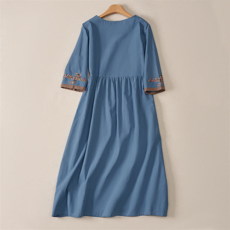 Vestido midi de manga corta para mujer con bordado étnico de Buddha Stones y estampado de primavera. - image 22