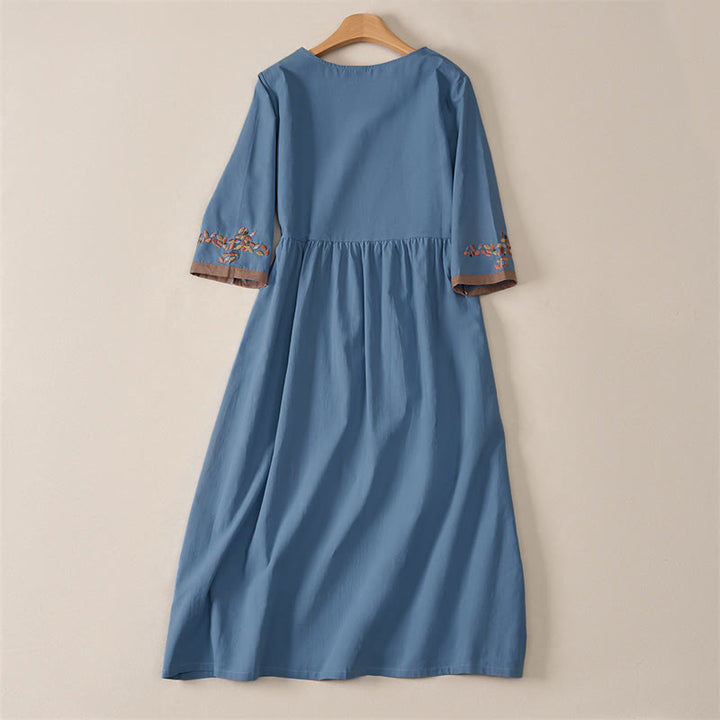 Vestido midi de manga corta para mujer con bordado étnico de Buddha Stones y estampado de primavera. - image 22