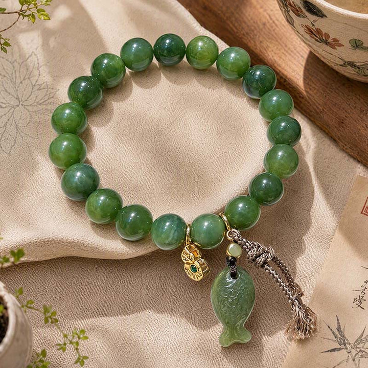 Buddha Stones Pulsera de la prosperidad con forma de calabaza y pez koi de jade cian natural - Jade cian (circunferencia de la muñeca: 16-17 cm) - image 0