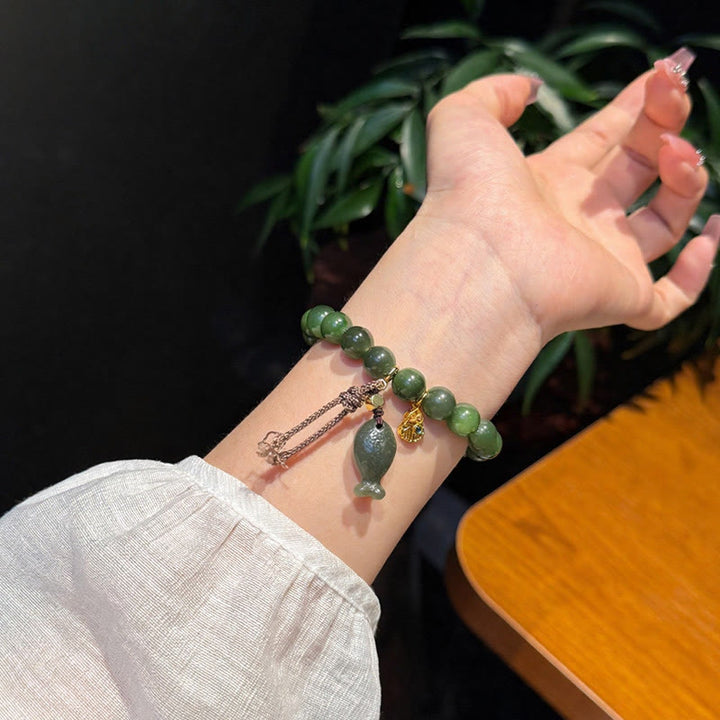 Buddha Stones Pulsera de la prosperidad con forma de calabaza y pez koi de jade cian natural - image 2