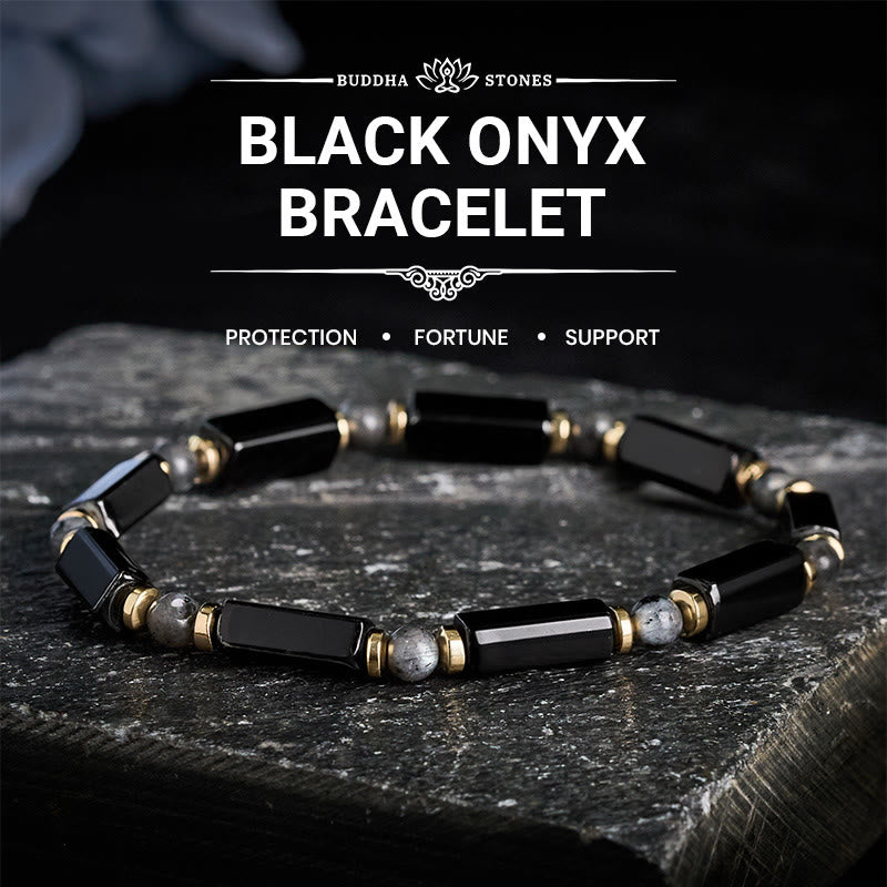 Buddha Stones Pulsera de cuentas con detalles de cobre y protección de ónix negro - Ónix negro (circunferencia de la muñeca: 16-19 cm) - image 0
