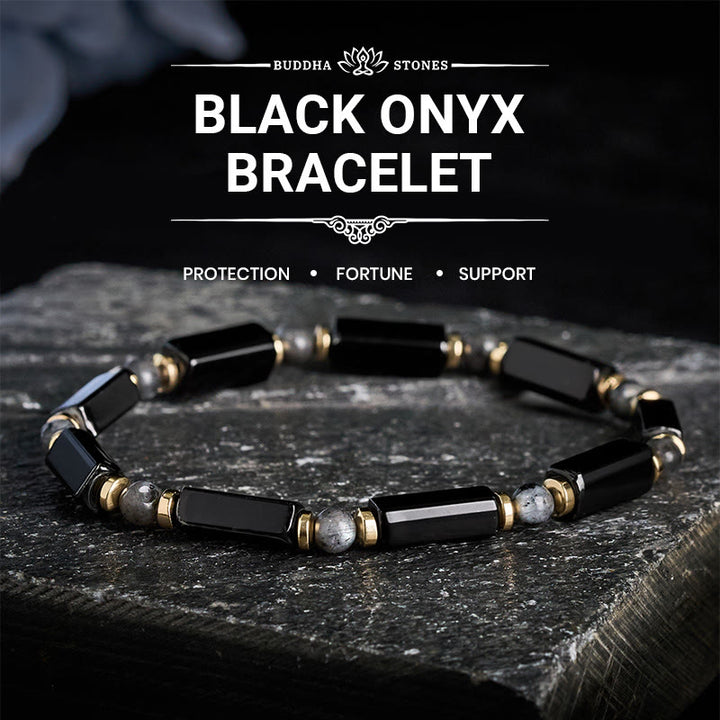 Buddha Stones Pulsera de cuentas con detalles de cobre y protección de ónix negro - Ónix negro (circunferencia de la muñeca: 16-19 cm) - image 0