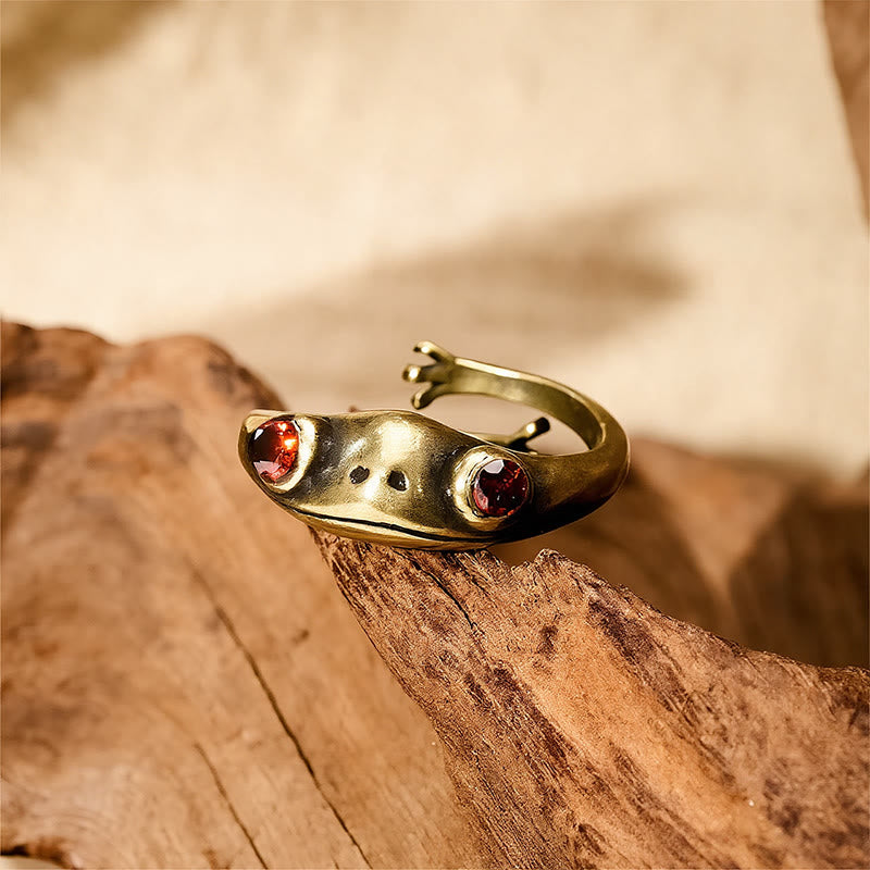 Buddha Stones Anillo abierto de latón antiguo con forma de rana Feng Shui para atraer la riqueza. - image 1