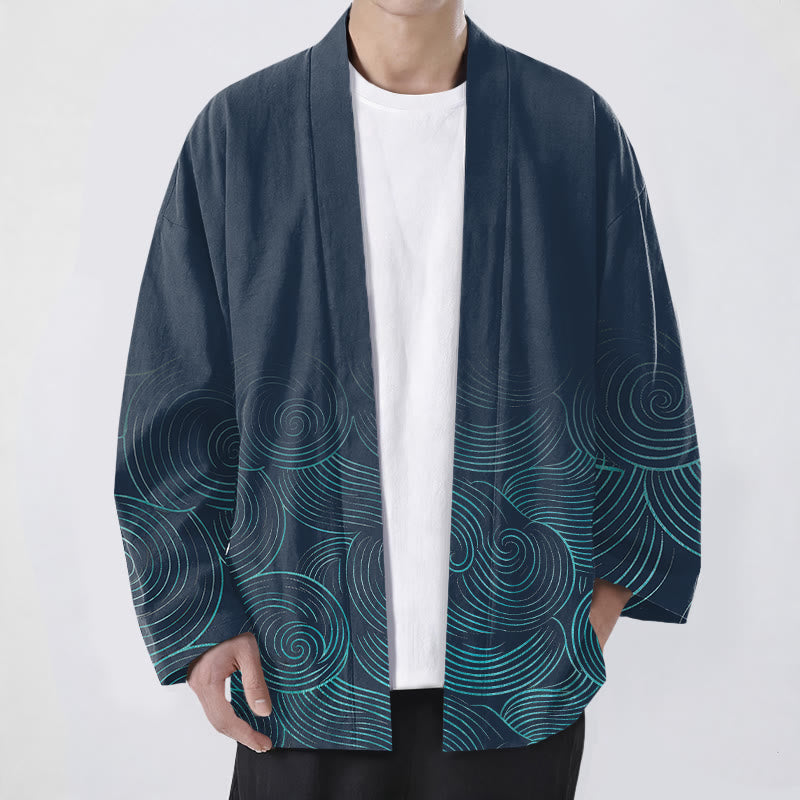 Buddha Stones Kimono de hombre con estampado de círculos ondulados de algodón y frente abierto - Marina de guerra - US/UK/AU48, UE58 (4XL) - image 6