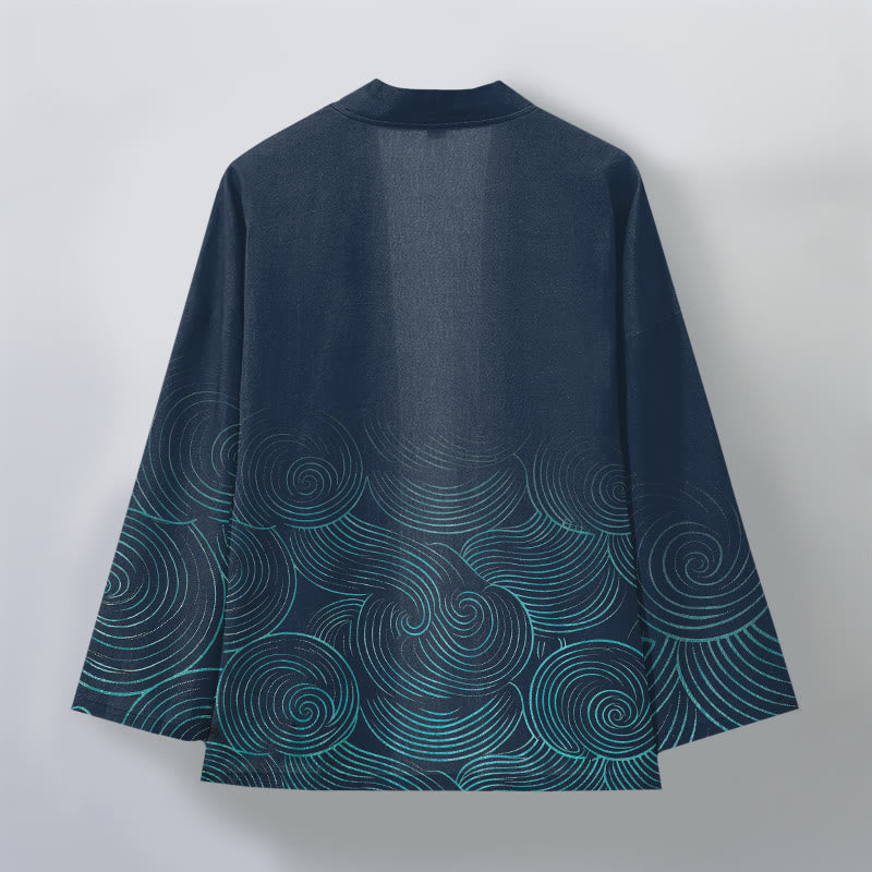 Buddha Stones Kimono de hombre con estampado de círculos ondulados de algodón y frente abierto - image 8