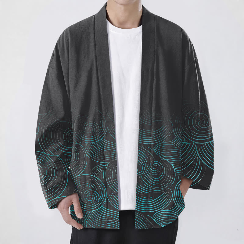 Buddha Stones Kimono de hombre con estampado de círculos ondulados de algodón y frente abierto - Negro - US/UK/AU48, UE58 (4XL) - image 9