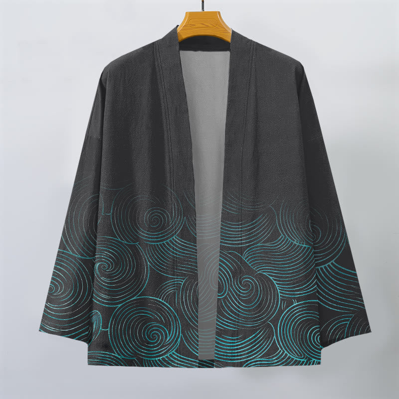 Buddha Stones Kimono de hombre con estampado de círculos ondulados de algodón y frente abierto - image 10