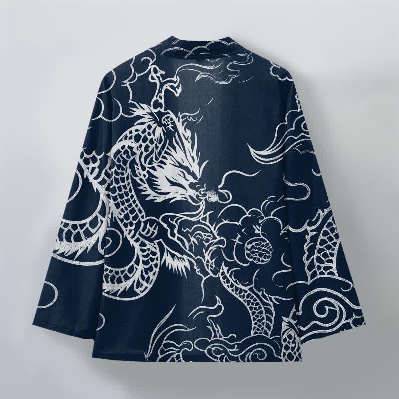 Buddha Stones Kimono de algodón con estampado tradicional de dragón y nube, abertura frontal, para hombre. - image 2