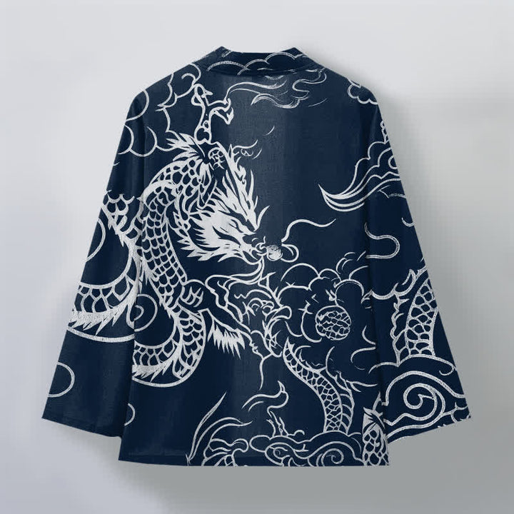 Buddha Stones Kimono de algodón con estampado tradicional de dragón y nube, abertura frontal, para hombre. - image 2