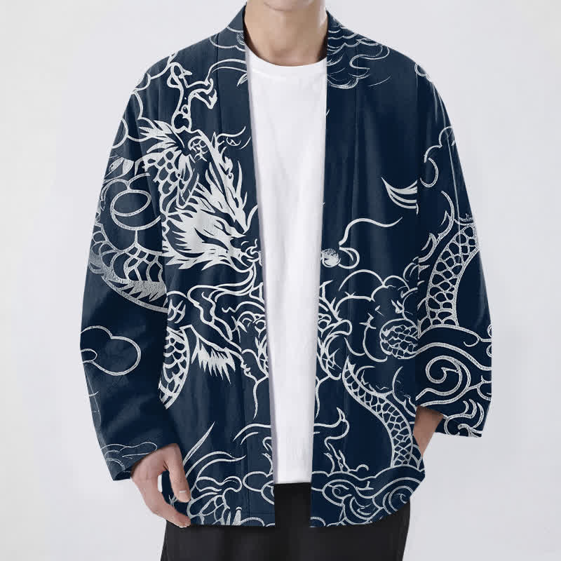 Buddha Stones Kimono de algodón con estampado tradicional de dragón y nube, abertura frontal, para hombre. - Marina de guerra - US/UK/AU48, UE58 (4XL) - image 0