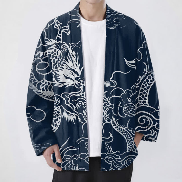 Buddha Stones Kimono de algodón con estampado tradicional de dragón y nube, abertura frontal, para hombre. - Marina de guerra - US/UK/AU48, UE58 (4XL) - image 0