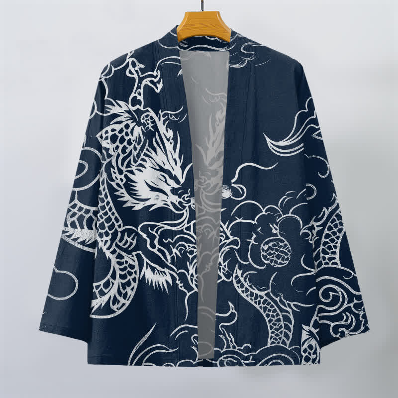 Buddha Stones Kimono de algodón con estampado tradicional de dragón y nube, abertura frontal, para hombre. - image 1