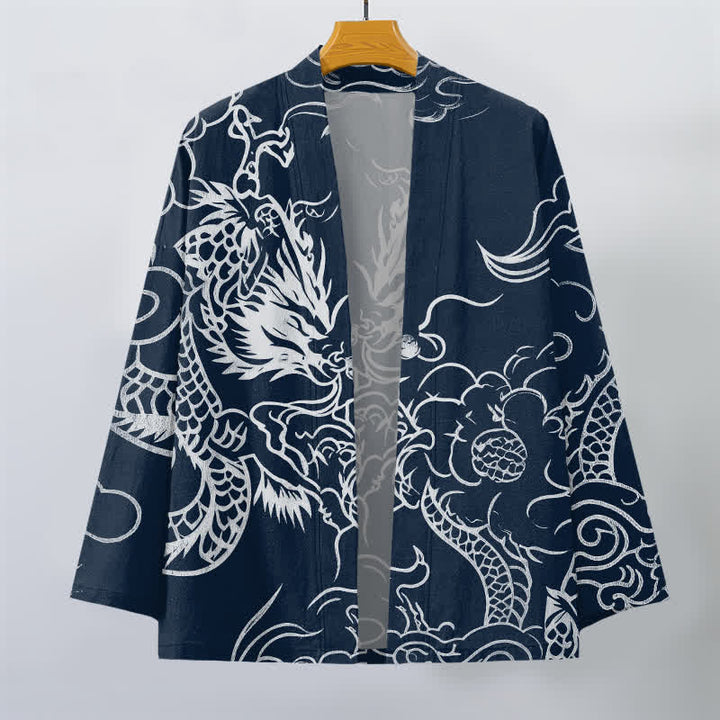 Buddha Stones Kimono de algodón con estampado tradicional de dragón y nube, abertura frontal, para hombre. - image 1