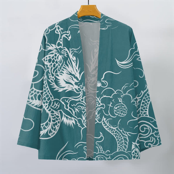 Buddha Stones Kimono de algodón con estampado tradicional de dragón y nube, abertura frontal, para hombre. - image 7