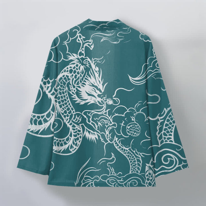 Buddha Stones Kimono de algodón con estampado tradicional de dragón y nube, abertura frontal, para hombre. - image 8