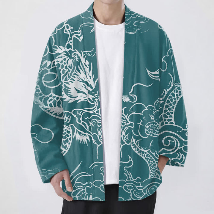 Buddha Stones Kimono de algodón con estampado tradicional de dragón y nube, abertura frontal, para hombre. - Verde azulado - US/UK/AU48, UE58 (4XL) - image 6