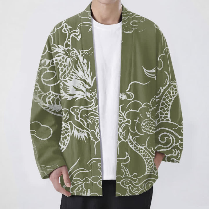 Buddha Stones Kimono de algodón con estampado tradicional de dragón y nube, abertura frontal, para hombre. - Verde oliva - US/UK/AU48, UE58 (4XL) - image 9