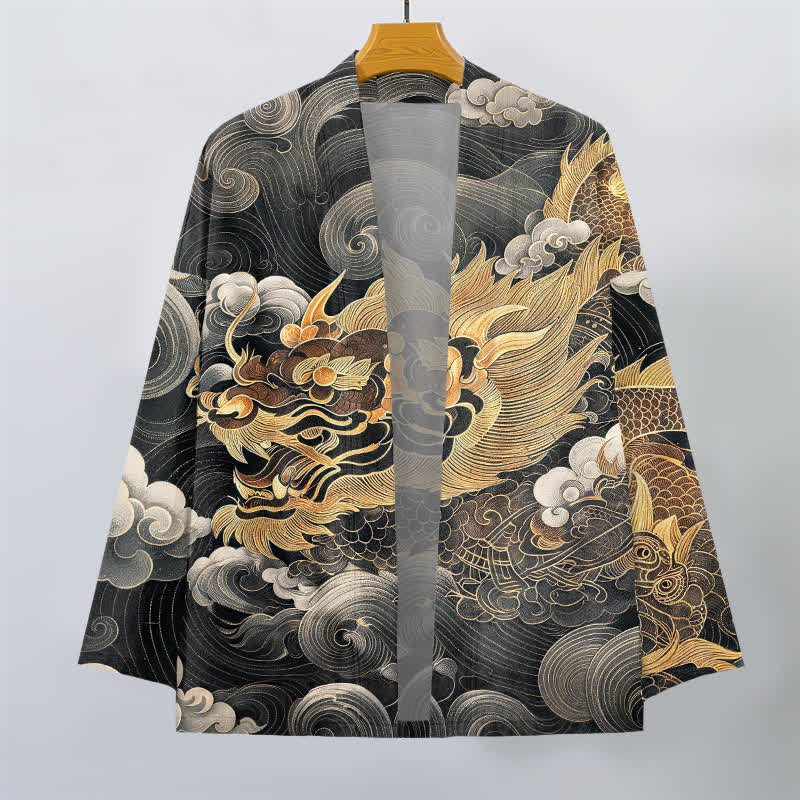 Buddha Stones Kimono de algodón con estampado de dragón, nube y mar, de frente abierto para hombre. - image 1