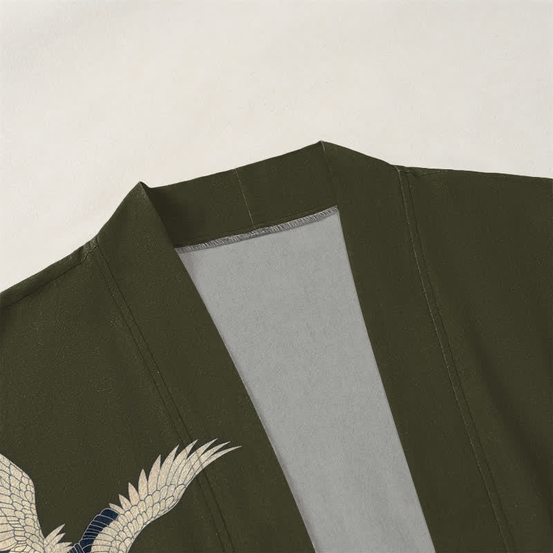 Buddha Stones Kimono de hombre con frente abierto y estampado de paisaje de pinos y grullas de algodón. - image 3