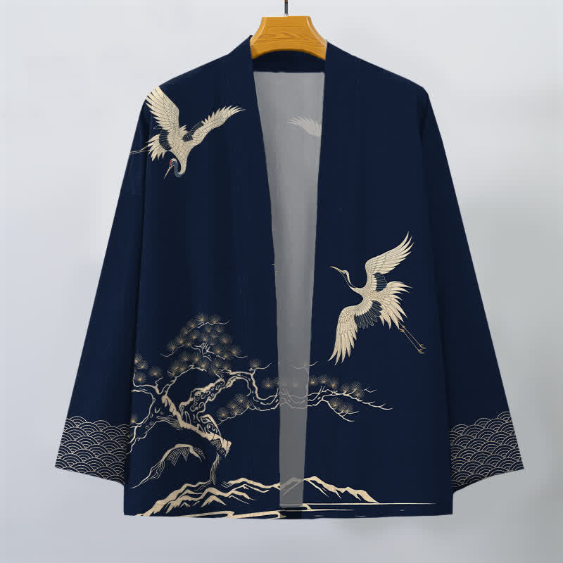 Buddha Stones Kimono de hombre con frente abierto y estampado de paisaje de pinos y grullas de algodón. - image 7