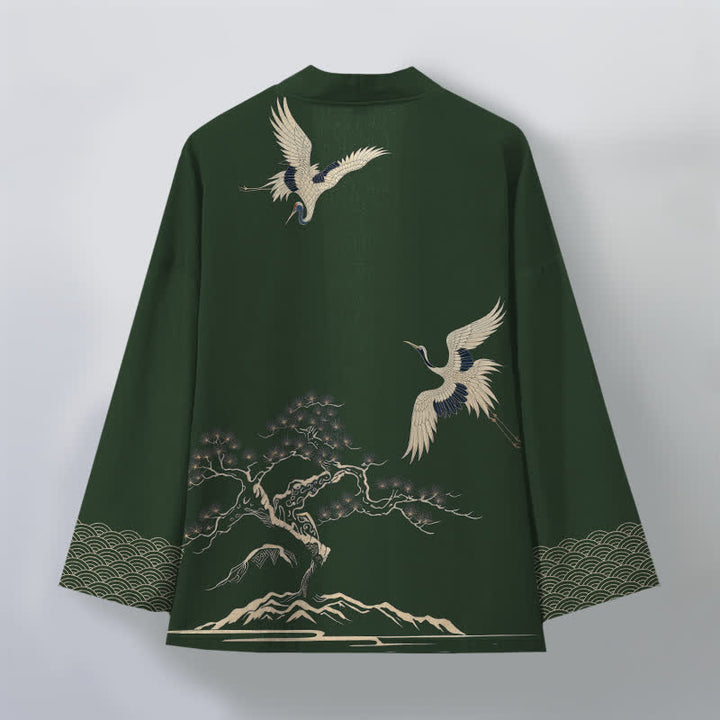 Buddha Stones Kimono de hombre con frente abierto y estampado de paisaje de pinos y grullas de algodón. - image 11