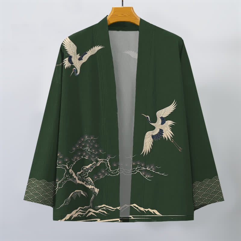 Buddha Stones Kimono de hombre con frente abierto y estampado de paisaje de pinos y grullas de algodón. - image 10