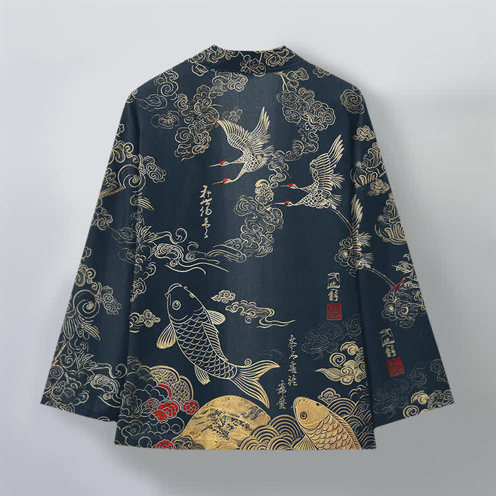 Buddha Stones Kimono de algodón con estampado de grullas chinas y peces koi, abierto por delante para hombre. - image 2
