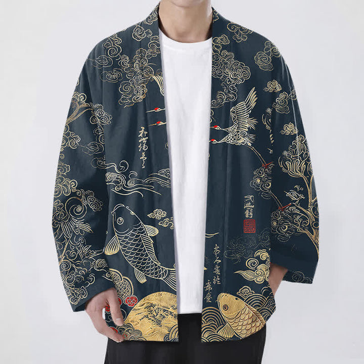 Buddha Stones Kimono de algodón con estampado de grullas chinas y peces koi, abierto por delante para hombre. - Marina de guerra - US/UK/AU48, UE58 (4XL) - image 0