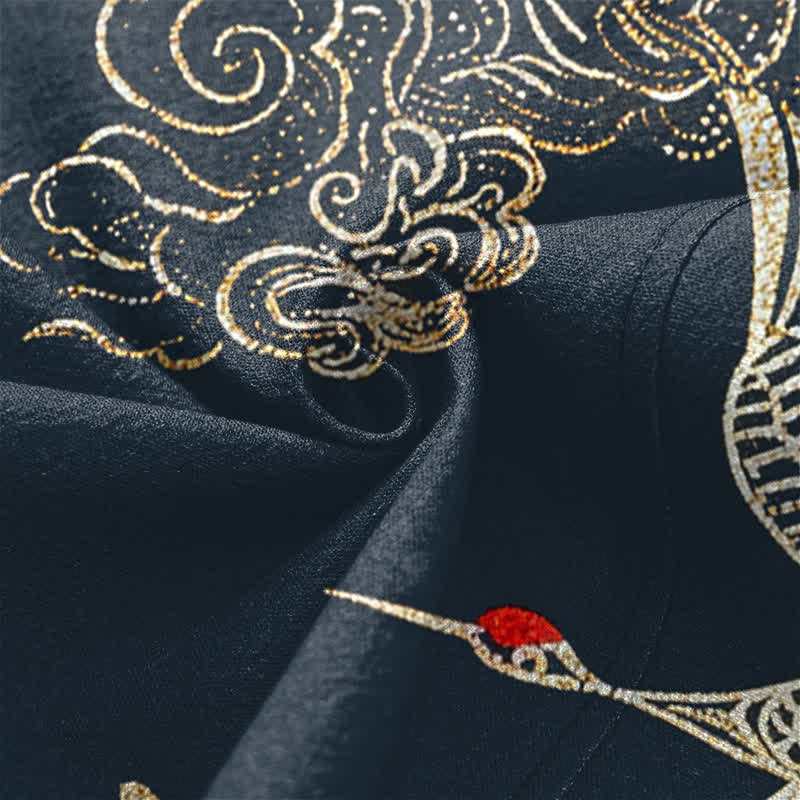 Buddha Stones Kimono de algodón con estampado de grullas chinas y peces koi, abierto por delante para hombre. - image 5