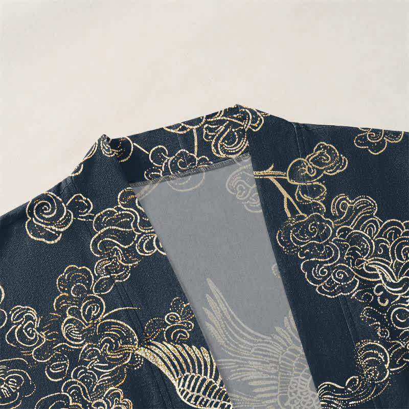 Buddha Stones Kimono de algodón con estampado de grullas chinas y peces koi, abierto por delante para hombre. - image 3