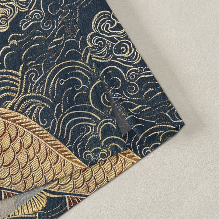 Buddha Stones Kimono de algodón con estampado de grullas chinas y peces koi, abierto por delante para hombre. - image 4