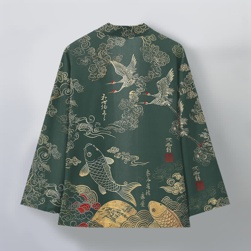 Buddha Stones Kimono de algodón con estampado de grullas chinas y peces koi, abierto por delante para hombre. - image 8