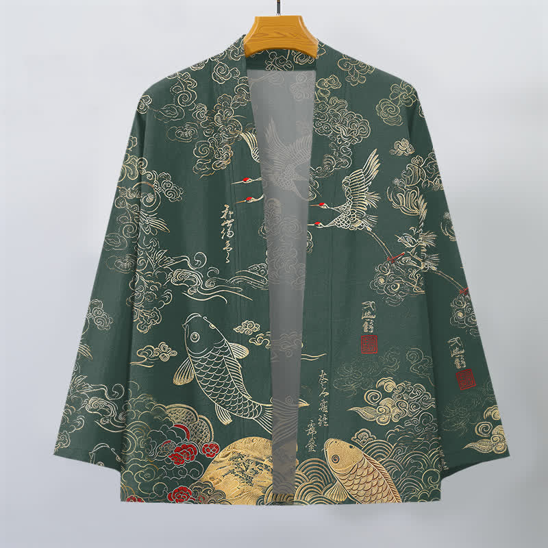 Buddha Stones Kimono de algodón con estampado de grullas chinas y peces koi, abierto por delante para hombre. - image 7