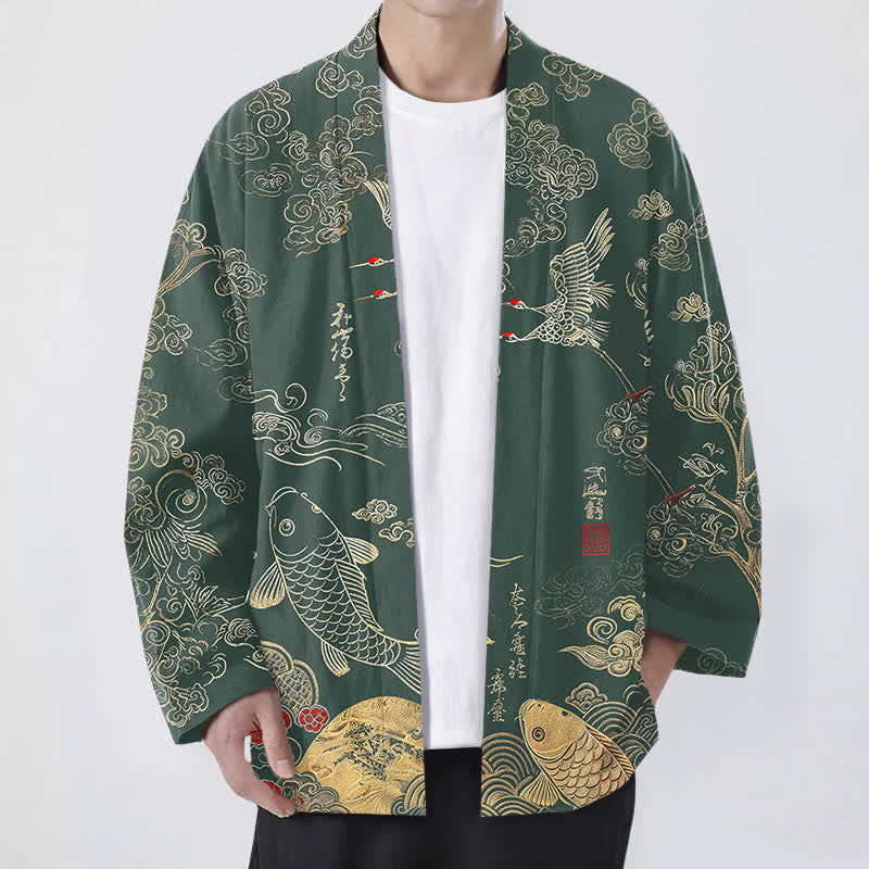 Buddha Stones Kimono de algodón con estampado de grullas chinas y peces koi, abierto por delante para hombre. - Verde oscuro - US/UK/AU48, UE58 (4XL) - image 6