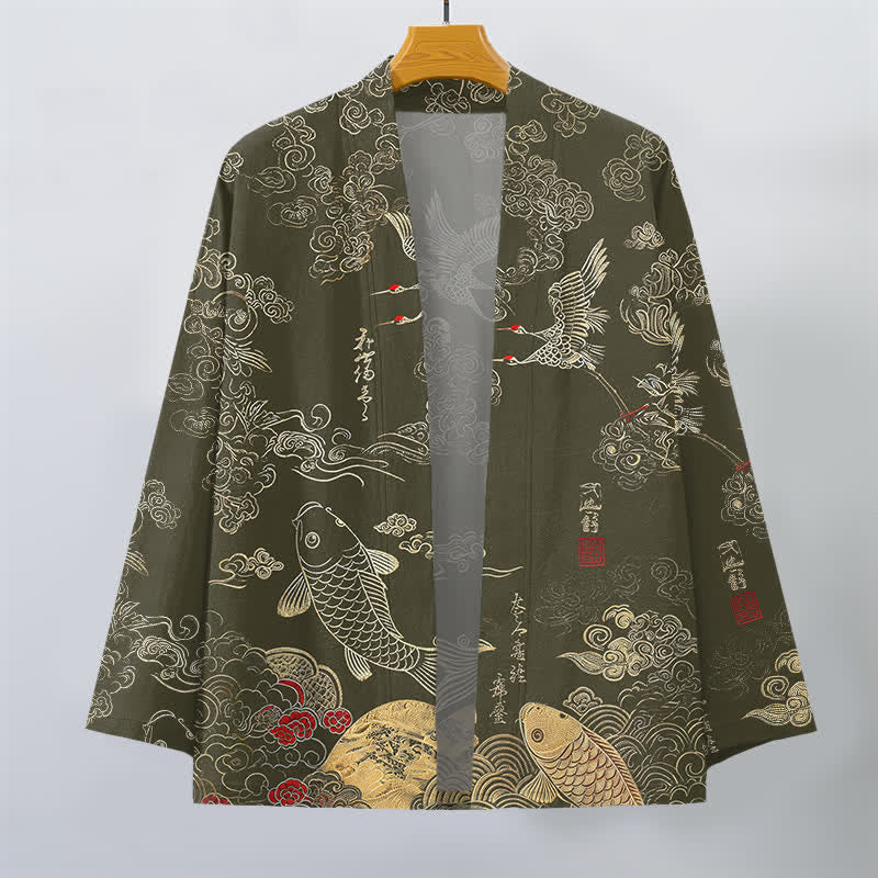Buddha Stones Kimono de algodón con estampado de grullas chinas y peces koi, abierto por delante para hombre. - image 10