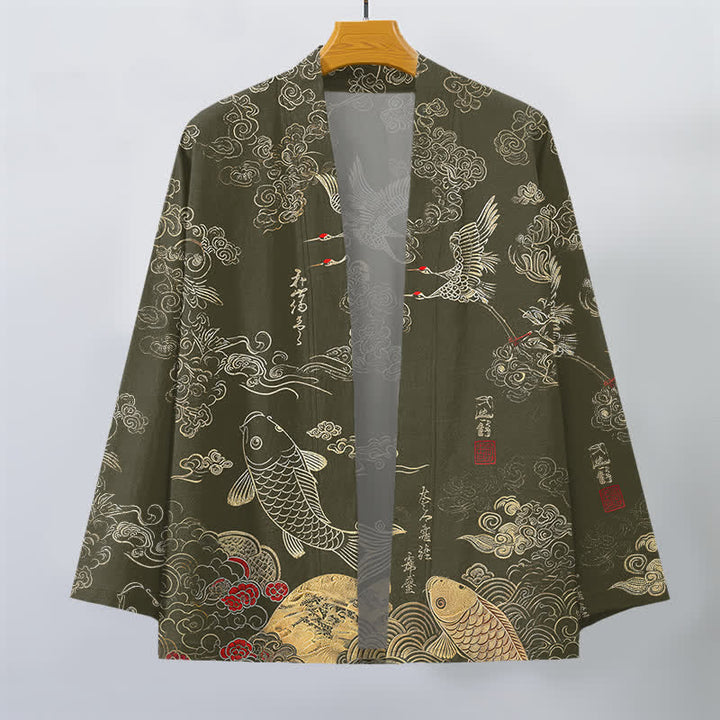 Buddha Stones Kimono de algodón con estampado de grullas chinas y peces koi, abierto por delante para hombre. - image 10