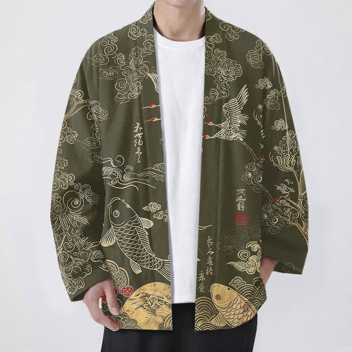 Buddha Stones Kimono de algodón con estampado de grullas chinas y peces koi, abierto por delante para hombre. - Aceituna - US/UK/AU48, UE58 (4XL) - image 9