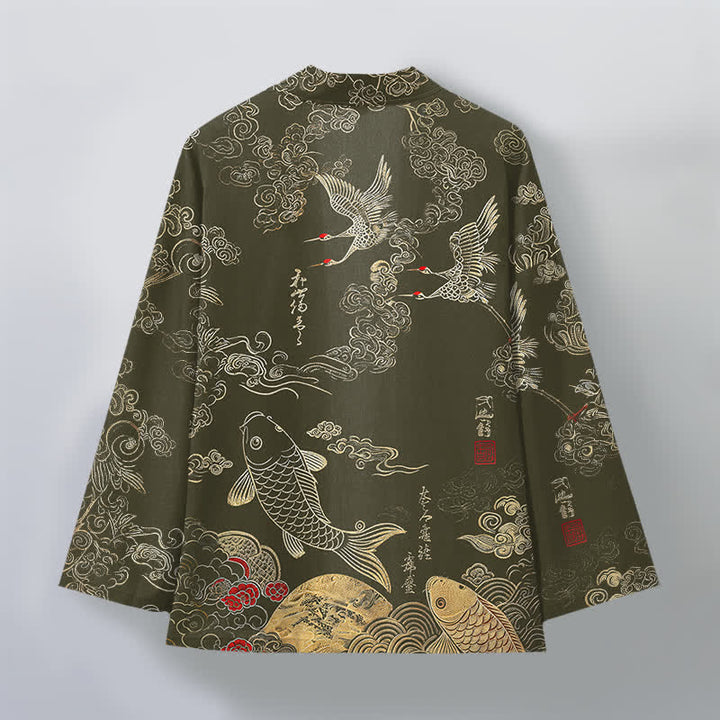 Buddha Stones Kimono de algodón con estampado de grullas chinas y peces koi, abierto por delante para hombre. - image 11