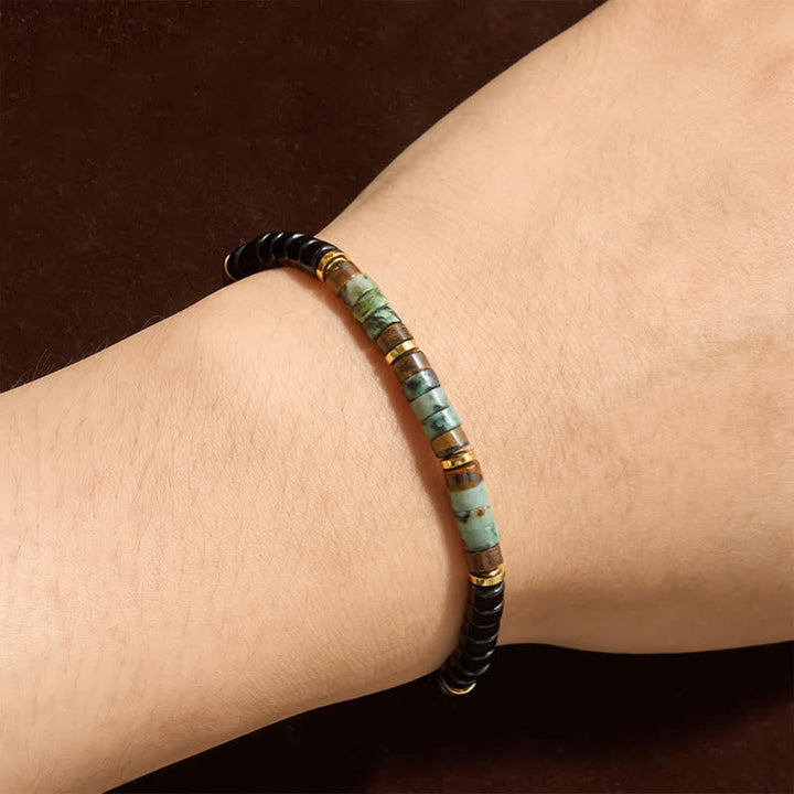 Buddha Stones Pulsera de cuentas redondas de protección de ónix negro y turquesa - image 3
