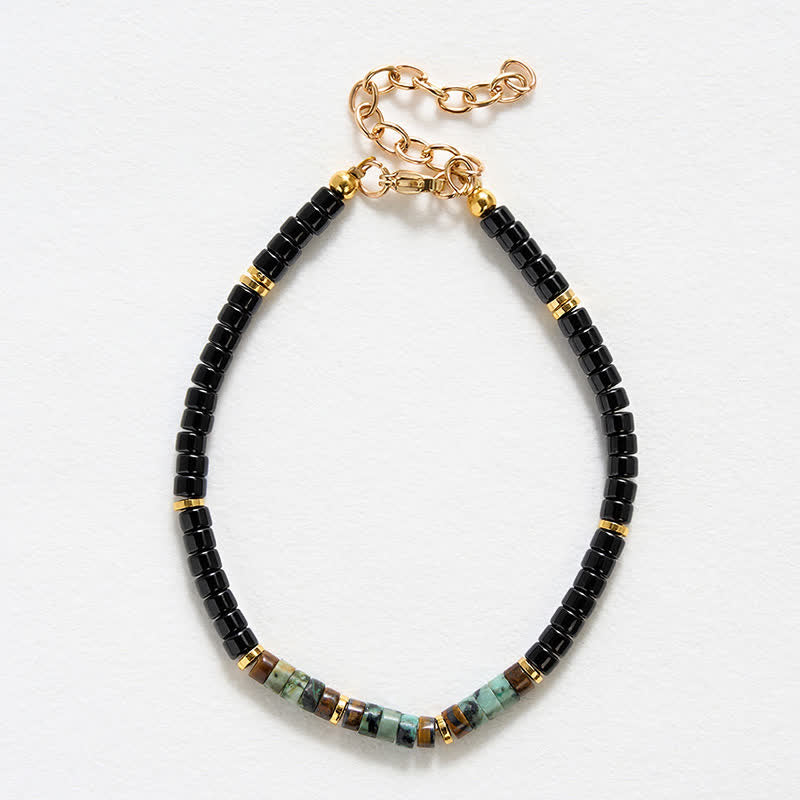 Buddha Stones Pulsera de cuentas redondas de protección de ónix negro y turquesa - image 4