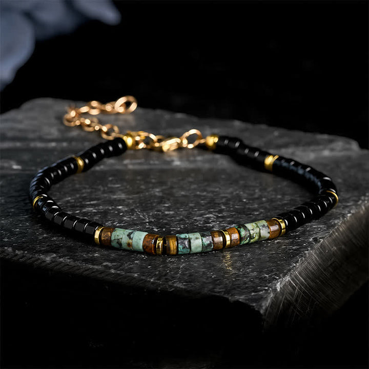 Buddha Stones Pulsera de cuentas redondas de protección de ónix negro y turquesa - Ónix negro y turquesa (circunferencia de la muñeca: 18-20 cm) - image 0