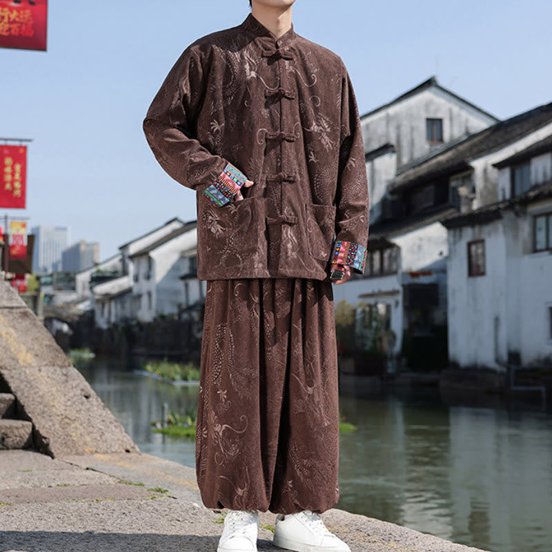 Buddha Stones Camisa y pantalón de algodón con cuello mandarín vintage estilo otoño/invierno, botones de rana, estampado abstracto, para hombre, ideal para meditación, con bolsillos. - image 1
