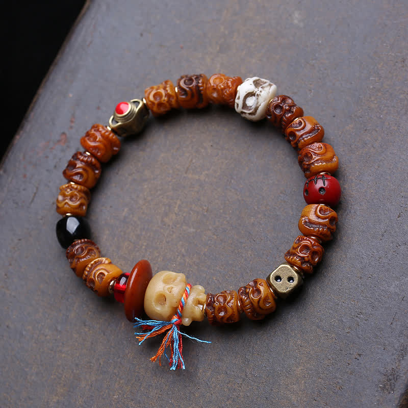 Buddha Stones Pulsera tibetana de cuentas de hueso talladas a mano, Señor del Bosque de los Cadáveres, para la protección - 5,9–6,3 pulgadas / 15–16 cm - image 0