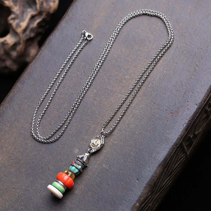 Buddha Stones Collar de protección con cuentas multicolores de acero de titanio con diseño de montón de piedras Mani tibetanas y Buda sin forma. - Aprox. 7–13 mm - image 0