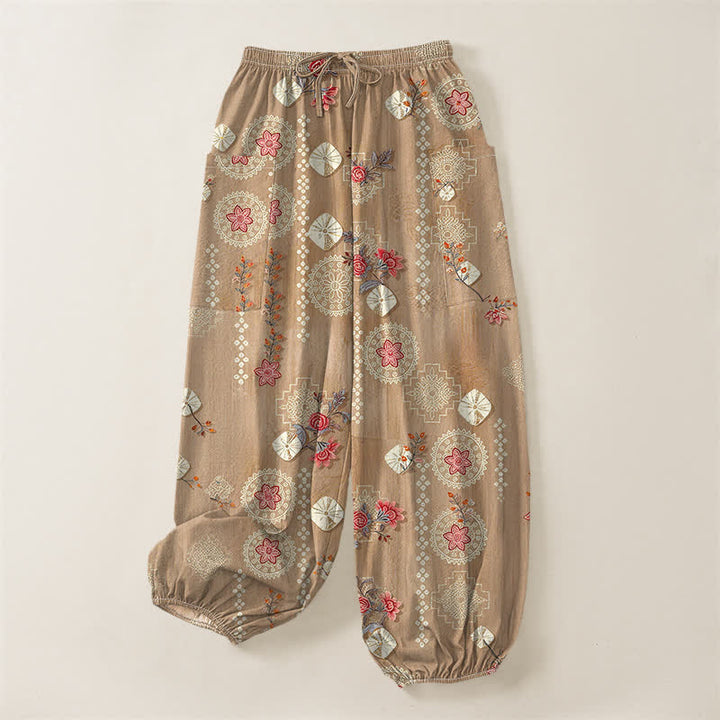 Buddha Stones Pantalones harem de algodón con estampado floral geométrico vintage para mujer, cintura elástica y bolsillos laterales. - image 3
